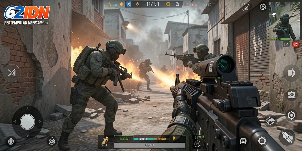 Screenshot 62IDN menampilkan aksi pertempuran FPS yang intens.