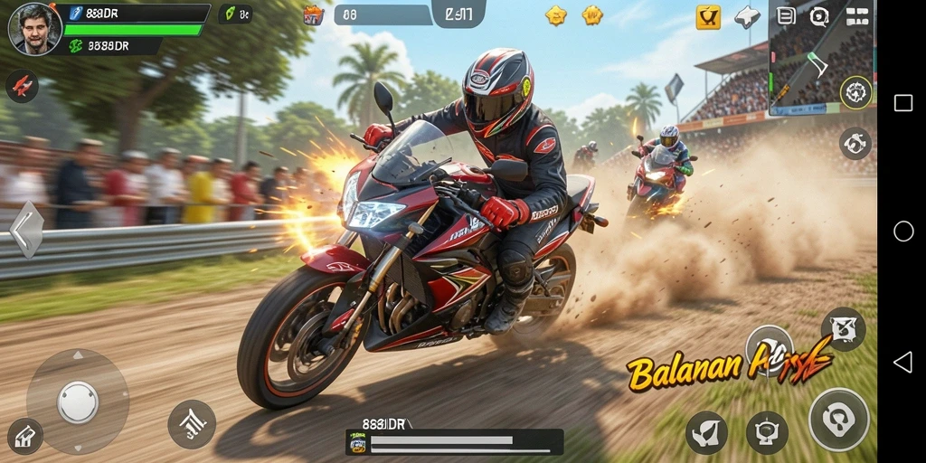 Screenshot gameplay 888IDR menampilkan balapan motor yang mendebarkan.