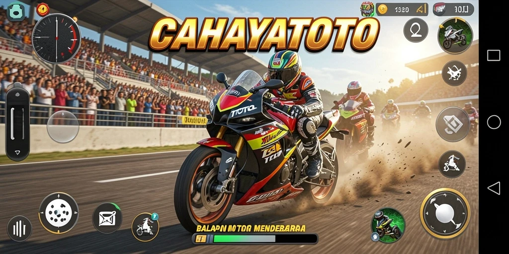 Screenshot gameplay CAHAYATOTO dengan balapan motor yang mendebarkan.