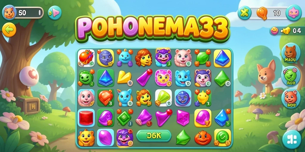 Tangkapan layar gameplay POHONEMAS33 menampilkan keseruan mencocokkan elemen.