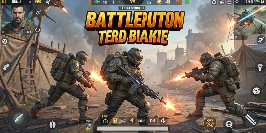 Tangkapan layar utama V89 menunjukkan aksi intens pertempuran Battle Royale.