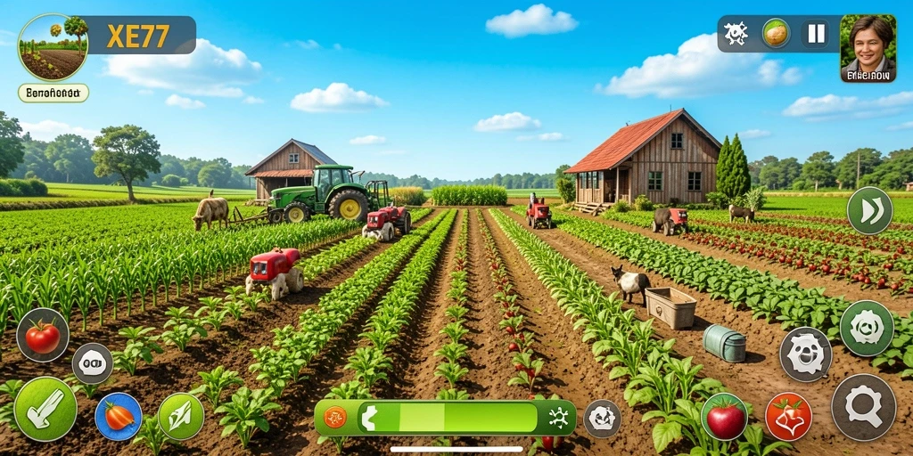 Screenshot gameplay XE77 menunjukkan aktivitas bertani yang seru dan menantang.